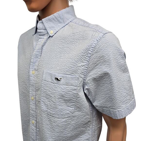 Vineyard Vines Seersucker Shirt Men S Short Sleeves Stretch Blue Striped Whale - Picture 7 of 13